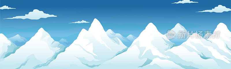 雪山阿尔卑斯山脉。冬天的风景。高山岩石和蓝天。圣诞自然风光全景。冰峰风光背景。雪峰和冰川。矢量卡通插图