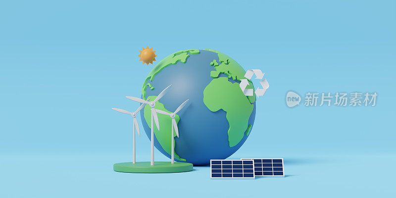 蓝色背景上的绿色卡通地球。绿色可再生能源，零浪费。生态与环境概念。三维渲染图