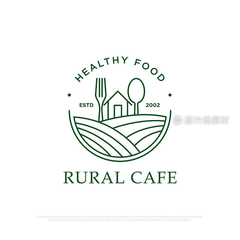 健康食品餐厅标志设计，一个具有农村概念的餐厅，提供传统有机食品和饮料矢量插图