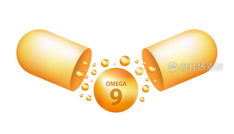 金滴欧米伽9。多不饱和脂肪酸-9。天然鱼油，有机维生素，营养成分。Omega脂肪酸。矢量现实胶囊。矢量图