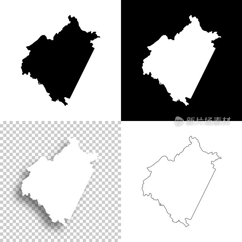 弗吉尼亚州贝德福德县。设计地图。空白，白色和黑色背景