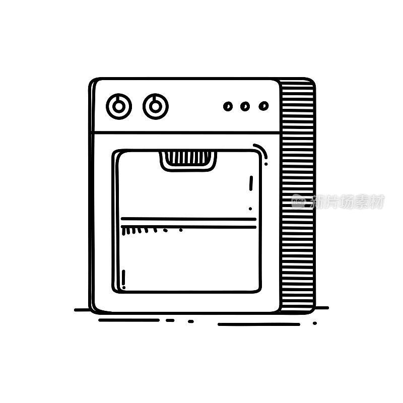 厨房烤箱线图标，草图设计，像素完美，可编辑笔触。标志、标志、符号。