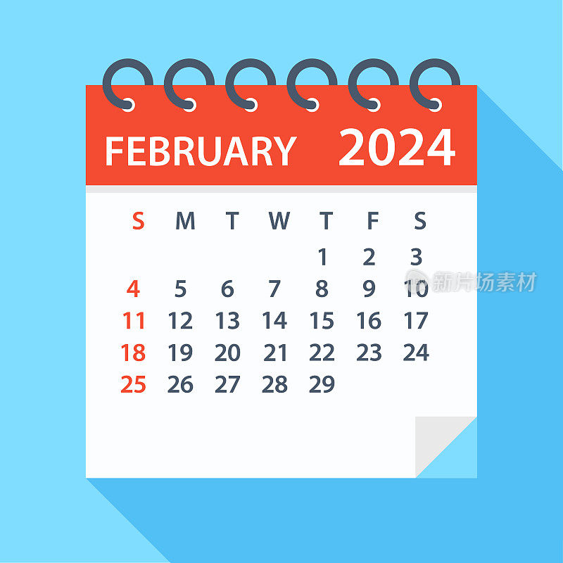 2024年2月-日历。一周从周日开始