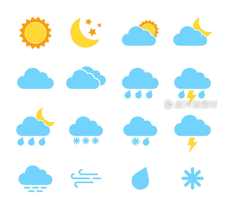 天气图标-平面彩色矢量集的天气预报。太阳，月亮，云，雨，雪，雪花等