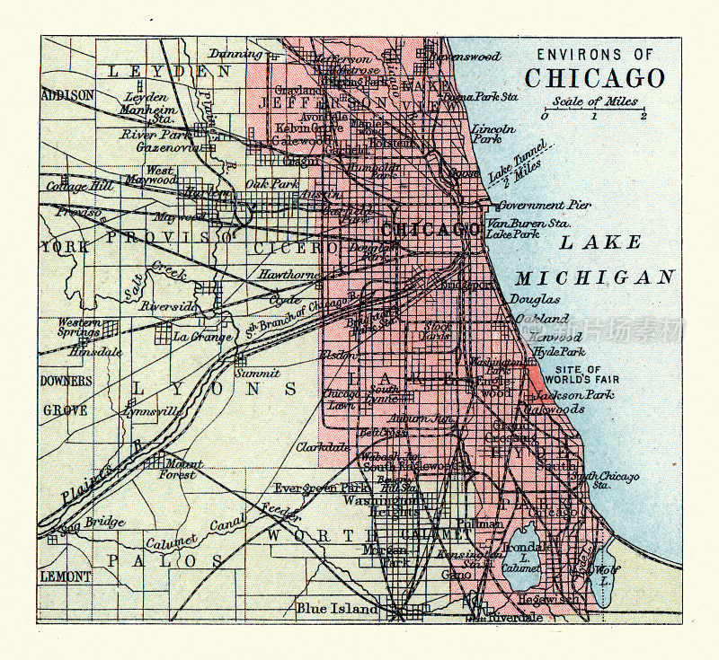 19世纪19世纪90年代，美国伊利诺斯州密歇根湖上古老的芝加哥地图