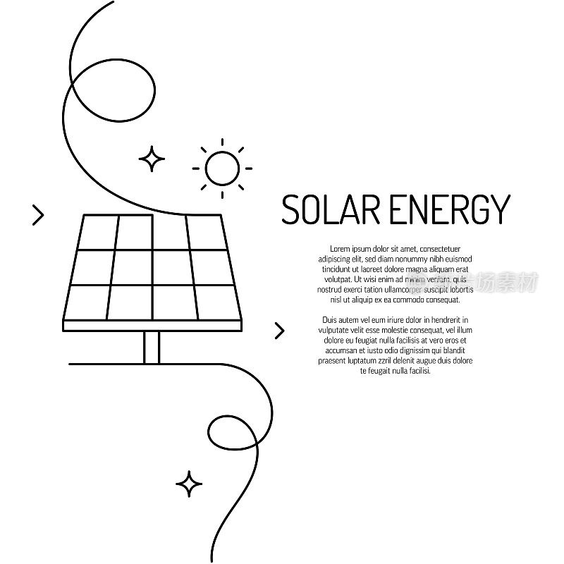 太阳能图标的连续线条绘制。手绘符号矢量插图。