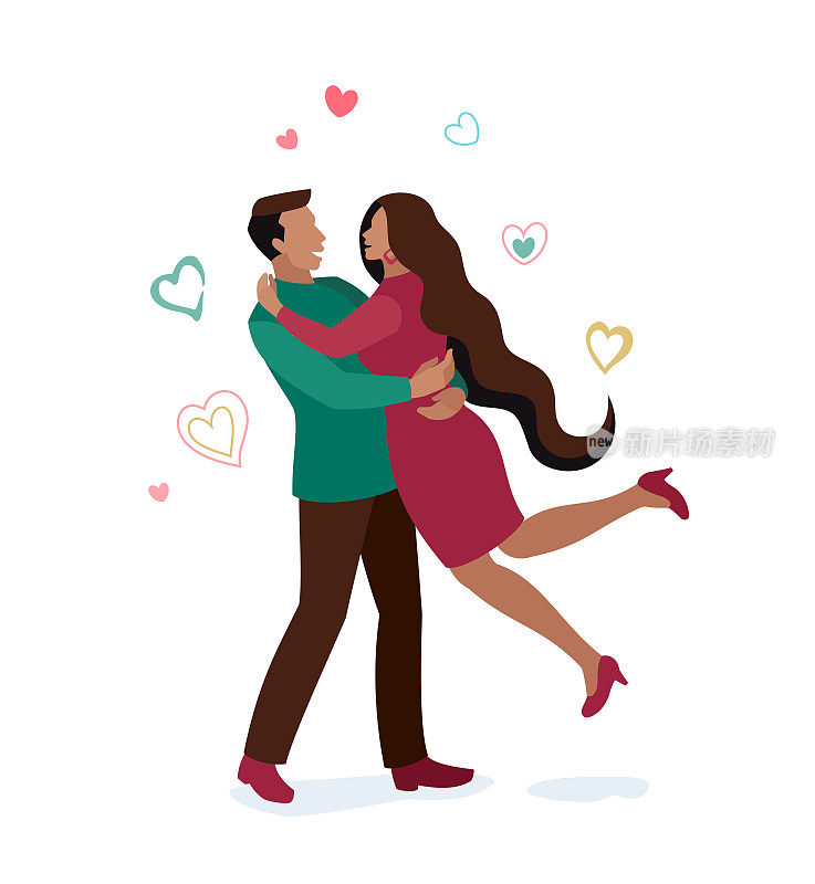 年轻的印度情侣拥抱。拥抱爱情。情人节插图。