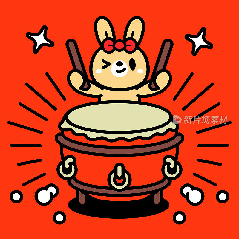 一只可爱的兔子正在打传统的中国鼓，中国低音鼓
