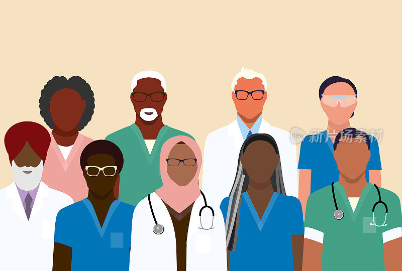 人群多样化的医疗团队的专业人员，医生和护士，男性和女性充满活力的色彩