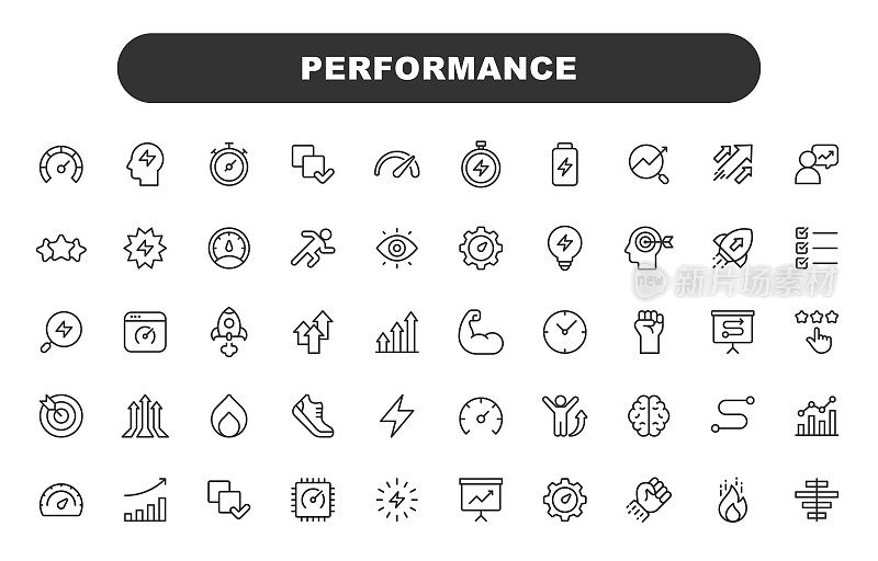 性能线图标。可编辑的中风。包含诸如性能，成长，反馈，运行，速度计，权威，成功等图标。