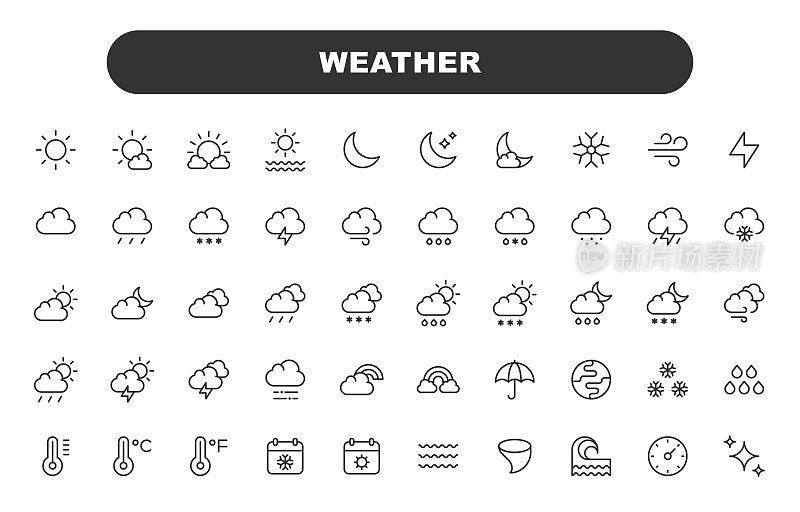 天气线图标。可编辑的中风。包含气候，云，生态，环境，雪，春，夏，太阳，雷，风，冬，雨等图标。