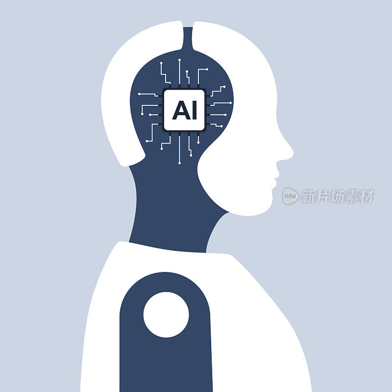 机器人头部计算机电路上的AI标志。人工智能，深度学习和机器人概念