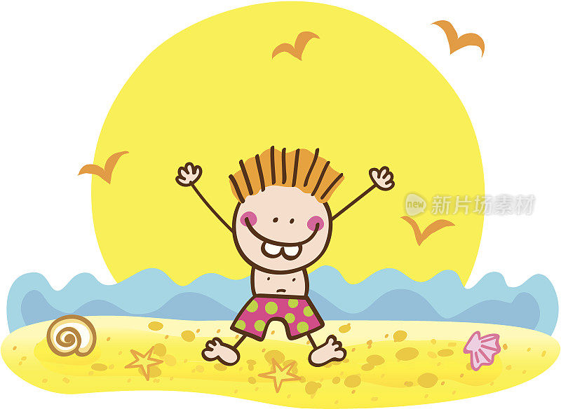 矢量卡通插图的快乐的小男孩在夏天的海滩