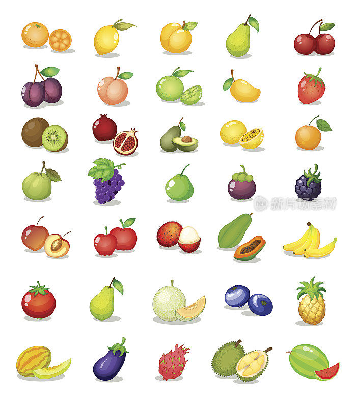 各种五颜六色的水果图标上的白色
