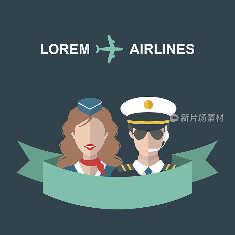 矢量插图的飞机，空姐和飞行员与缎带和地方的文本在时尚的平面风格。