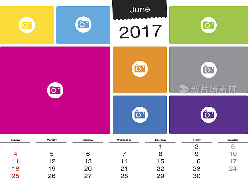 矢量日历，2017年6月与图像框架，A3大小