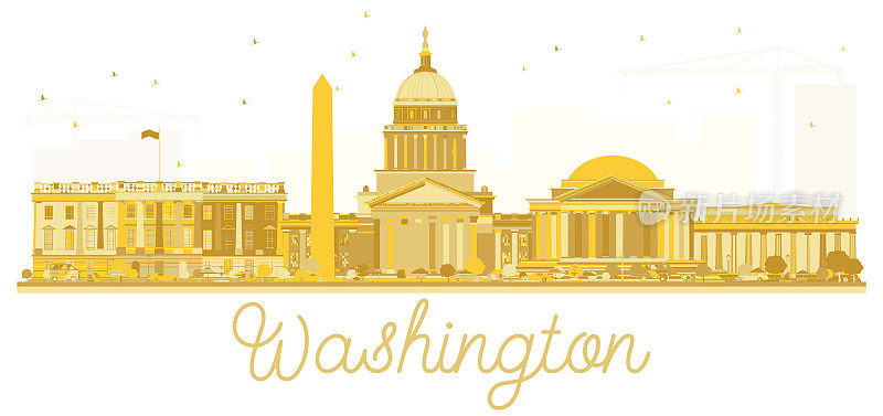 美国华盛顿特区城市天际线金色剪影。