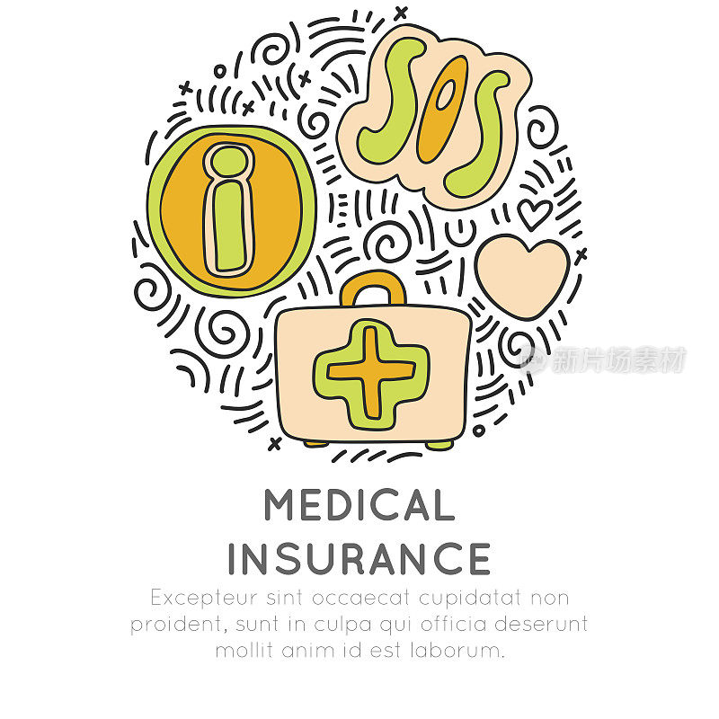 医疗保险手绘卡通图标概念。信息，sos和急救图标在圆形的形式与装饰元素。医疗帮助在旅行图标收集