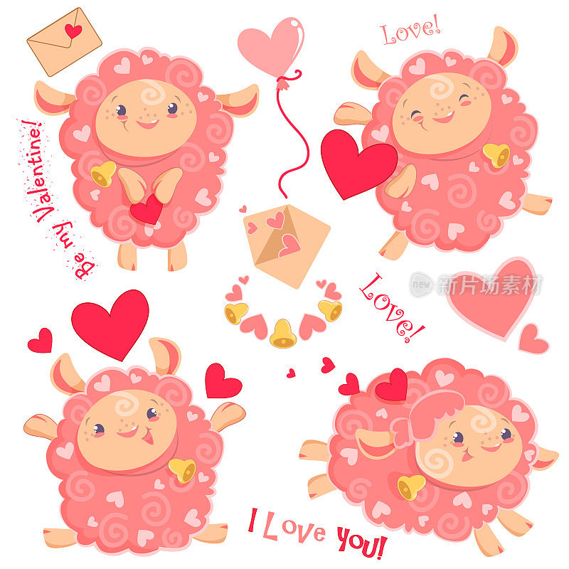 矢量插图情人节剪纸可爱有趣的粉红色的女孩羊，心形，字母，跳舞，跑步，跳跃与孩子和婴儿的钟留在印花和纺织品设计，墙壁设计