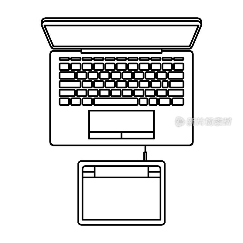 笔记本电脑和数字化平板电脑连接上俯视图在黑色轮廓