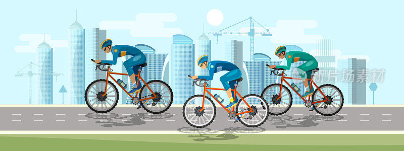 职业比赛旗帜上的一组自行车手。自行车赛的人骑自行车的人在公路上运动的背景