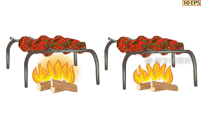 烤肉串。烤肉串上的肉在火上烤着。在篝火上烤牛排。野餐。矢量插图。