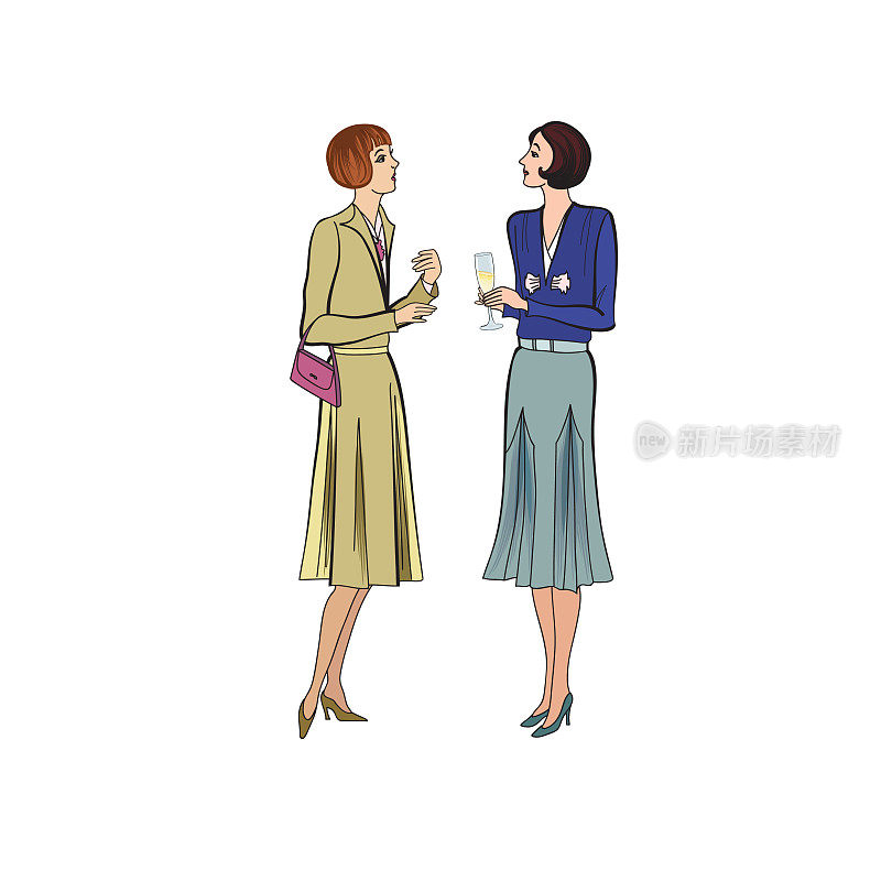 两个女人在聚会上交谈。三十年代复古风格的复古连衣裙。