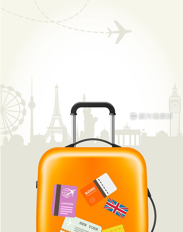旅行社海报与塑料旅行箱和欧洲地标旅游海报