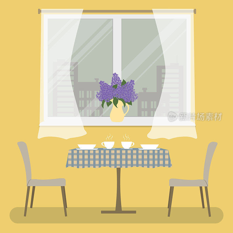 一张有方格桌布的桌子和两张米色的椅子放在窗户的背景上。黄色的房间