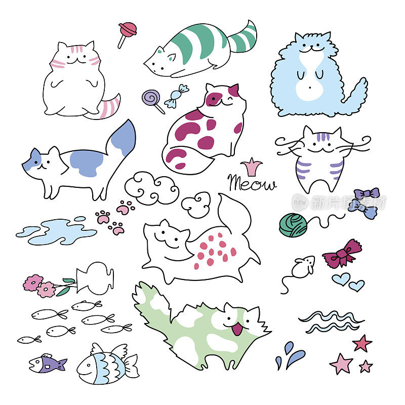 有趣的玩可爱的孩子猫矢量插图集。可以在明信片、贺卡、印刷品、海报广告和网页设计中涂鸦彩色可爱的小猫和鱼。快乐可爱的小猫与喵的文字