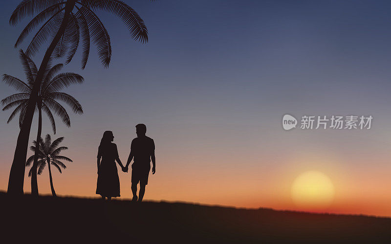 在日落天空背景下的平面图标设计下的沙滩上行走的夫妇剪影