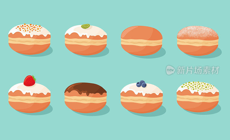 一套甜甜甜圈(甜甜圈)有不同的馅料，配料和口味。矢量插图。