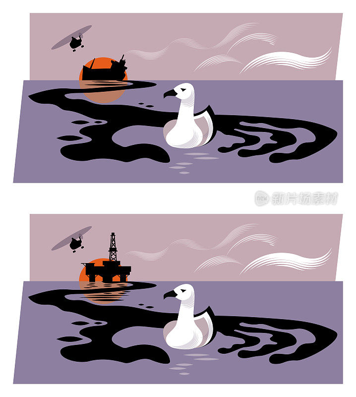 描绘石油钻塔或正在下沉的油轮向海中释放石油，形成一只抓着海鸟的手形