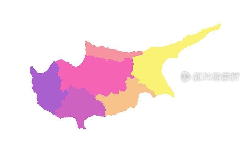 塞浦路斯简化行政地图矢量孤立插图。各区(区)边界。多彩色剪影