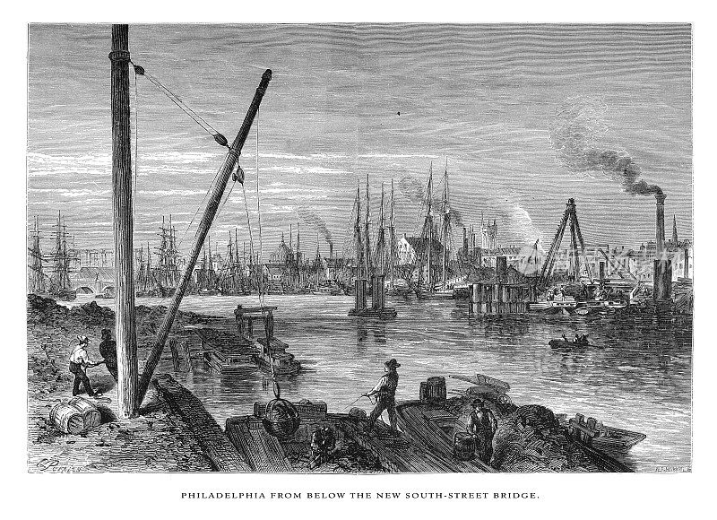新南街大桥下的费城，美国宾夕法尼亚州费城，美国维多利亚版画，1872年