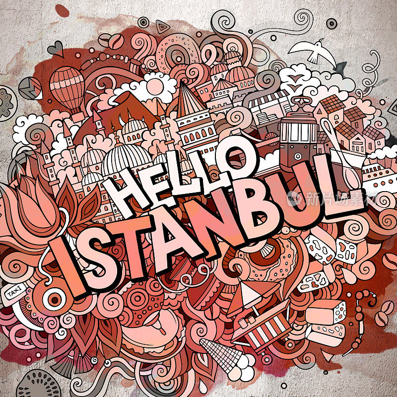 卡通可爱的涂鸦手绘你好伊斯坦布尔题词
