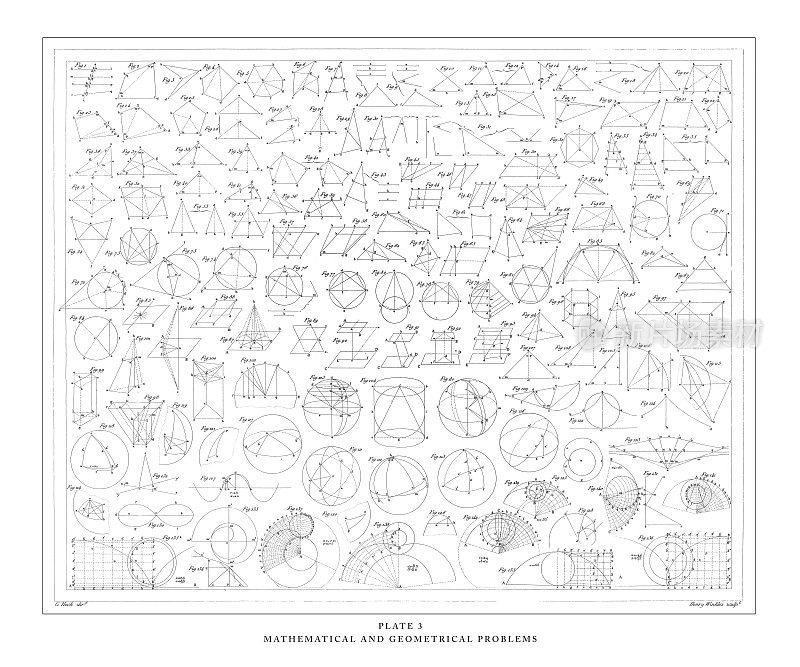 数学和几何问题雕刻古董插图，出版于1851年