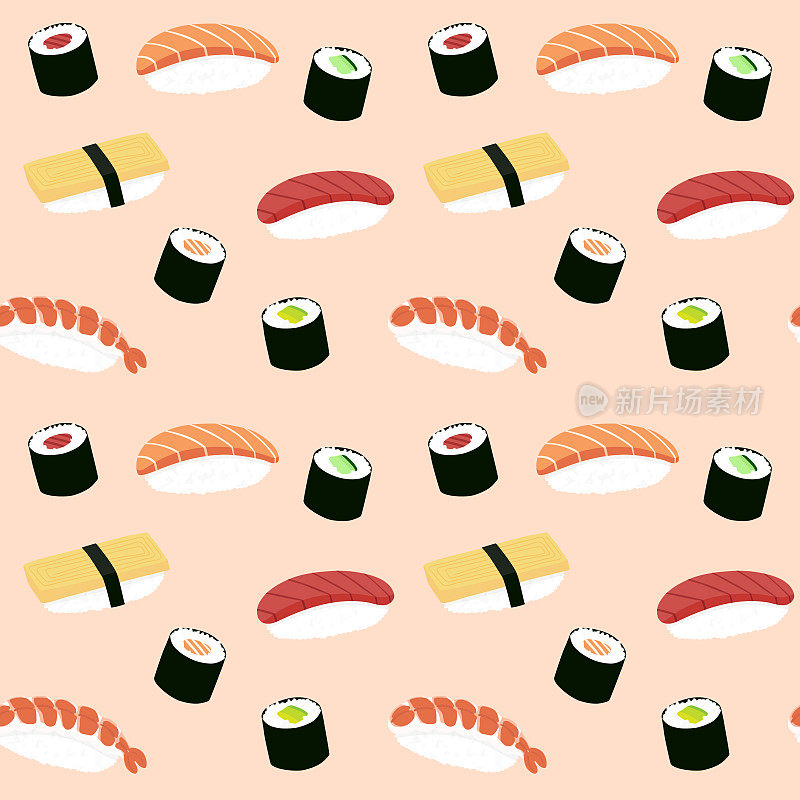 无缝寿司和手握寿司插图图案,粉红色的背景