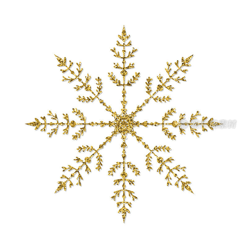 金色闪光雪花装饰。圣诞和新年贺卡和设计的设计元素。晶莹剔透的金色雪花。寒假装饰设计元素。