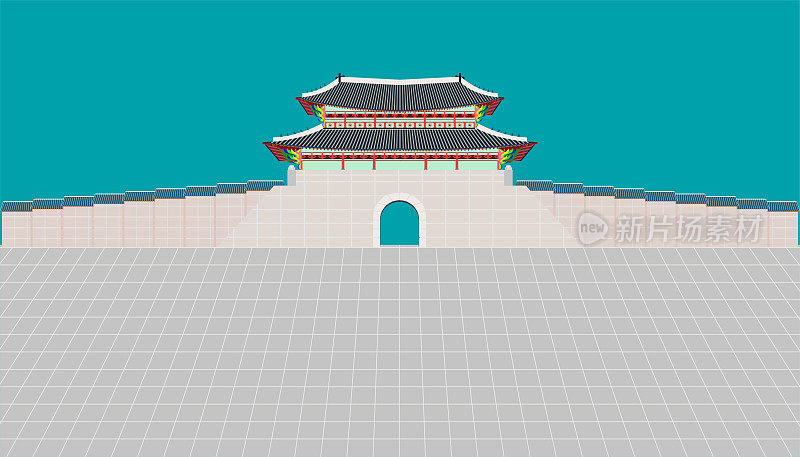 Sungnyemun门和长墙和大庭院在韩国首尔的changedoekung宫殿矢量插图eps10