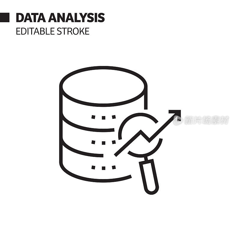 数据分析线图标，轮廓矢量符号插图。完美像素，可编辑的描边。