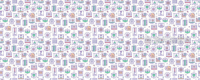 矢量设计模板集和元素的3D打印和建模在流行的线性风格-无缝模式与线性图标相关的3D打印和建模-矢量
