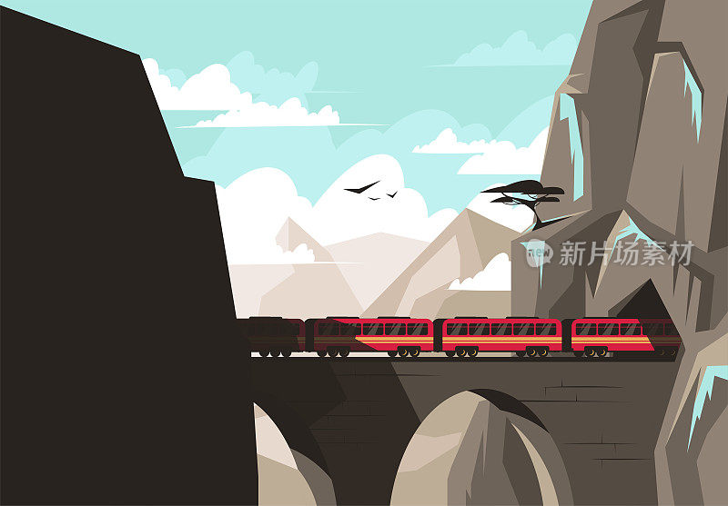 旅客列车在高山上过桥，在山崖上过隧道