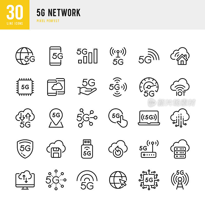 5G网络-细线矢量图标集。像素完美。该套装包含图标:5G网络、云计算、大数据、物联网。