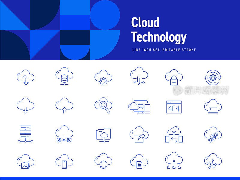 一组云技术相关的线图标。可编辑的中风。简单的轮廓图标。