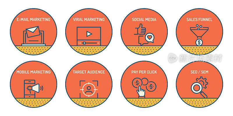 一套数字营销相关线图标。简单的轮廓图标。