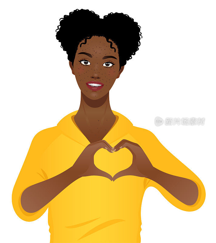 年轻的黑人妇女正在用手做一个心形