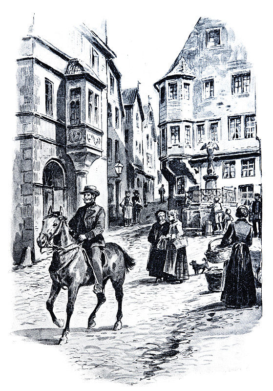 在中世纪的城市广场上，骑手在前景中