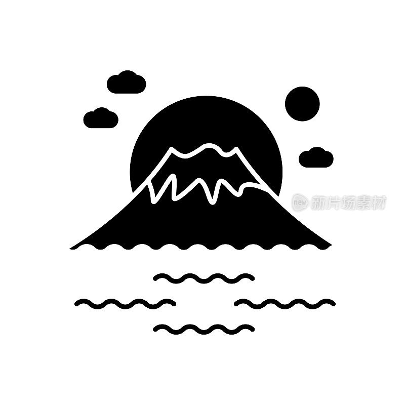 富士山黑色字形图标。日出的东京山。日本火山与大海和日落。富士山山顶有天空和湖泊。白色空间上的剪影符号。向量孤立的插图