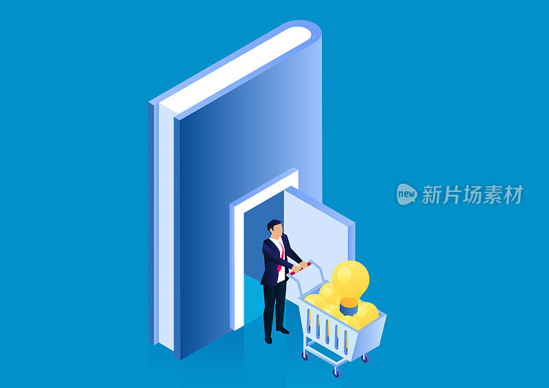 商人推出装满推车的灯泡，书的知识和创造力